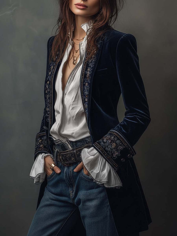 Julie | Veste longue en velours brodé