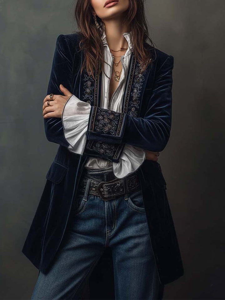 Julie | Veste longue en velours brodé