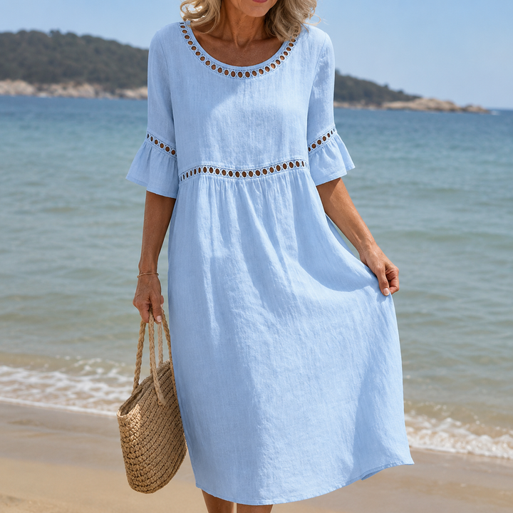 Hélène | Robe longue en lin, effet ventre plat