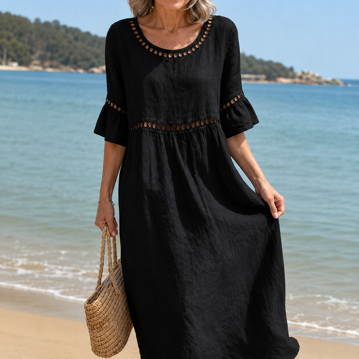 Hélène | Robe longue en lin, effet ventre plat