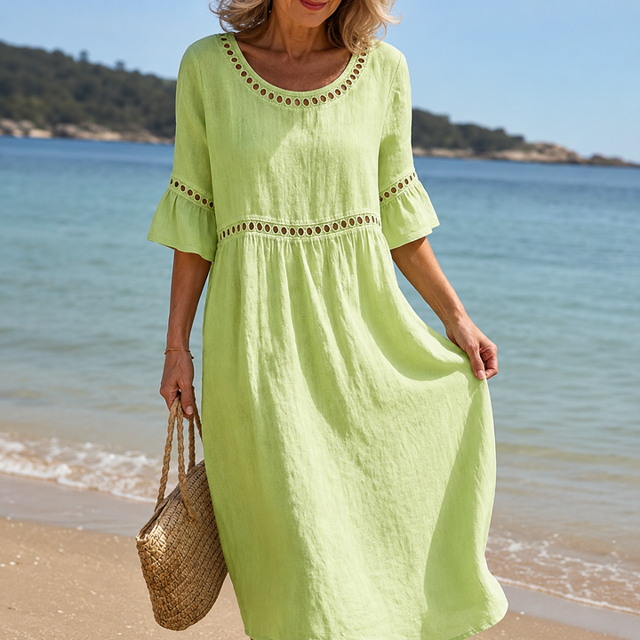 Hélène | Robe longue en lin, effet ventre plat