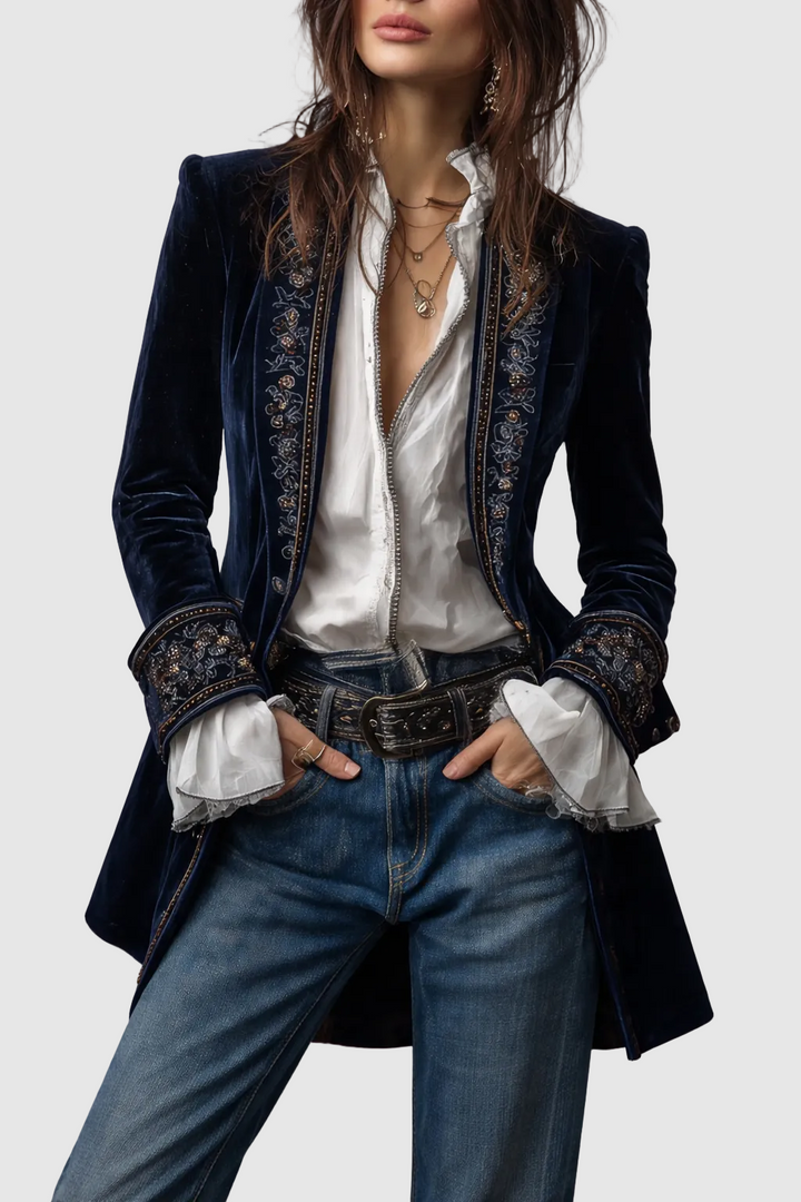 Julie | Veste longue en velours brodé