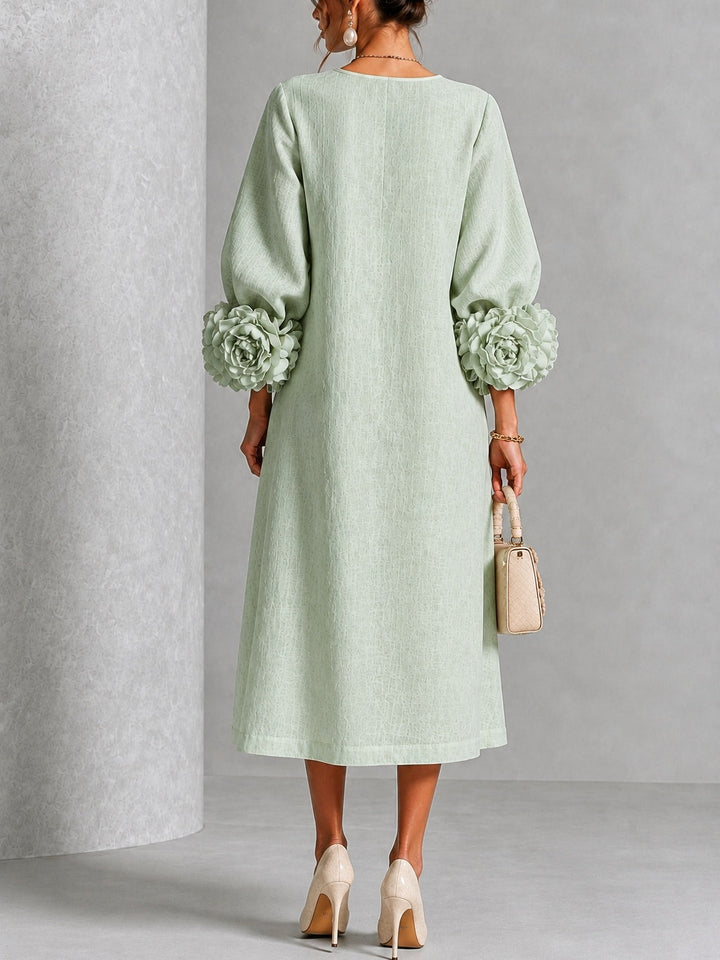 Élodie | Robe midi en lin à poignets fleuris