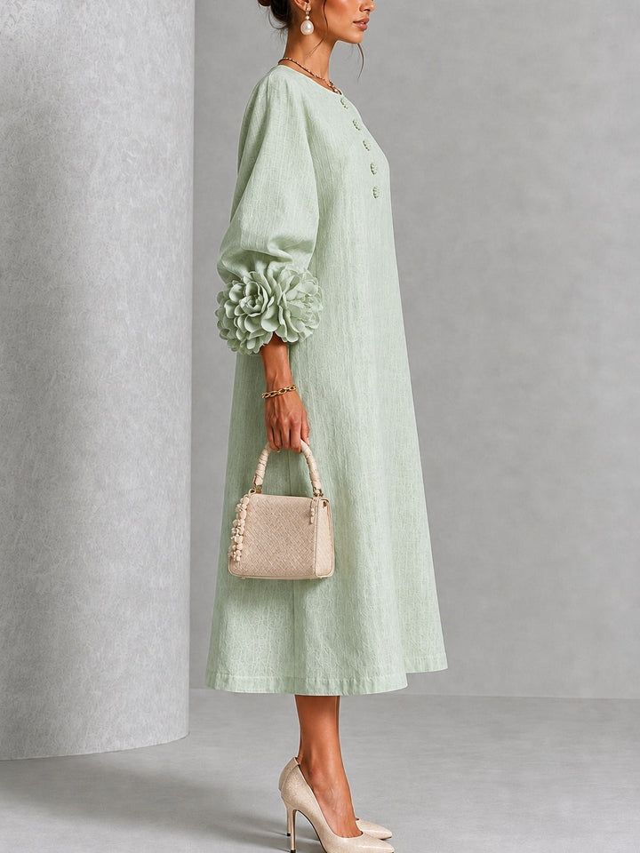 Élodie | Robe midi en lin à poignets fleuris