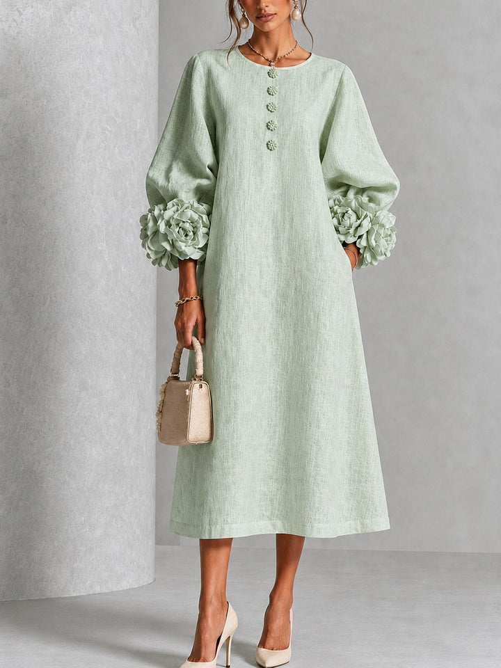 Élodie | Robe midi en lin à poignets fleuris