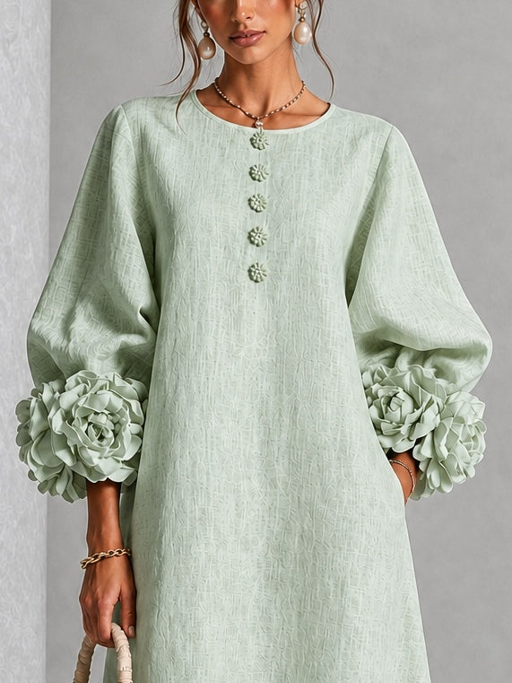 Élodie | Robe midi en lin à poignets fleuris
