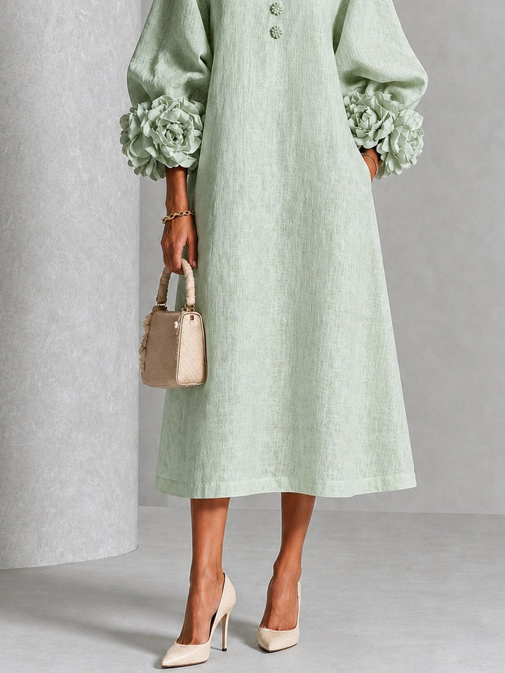 Élodie | Robe midi en lin à poignets fleuris
