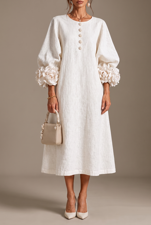 Élodie | Robe midi en lin à poignets fleuris