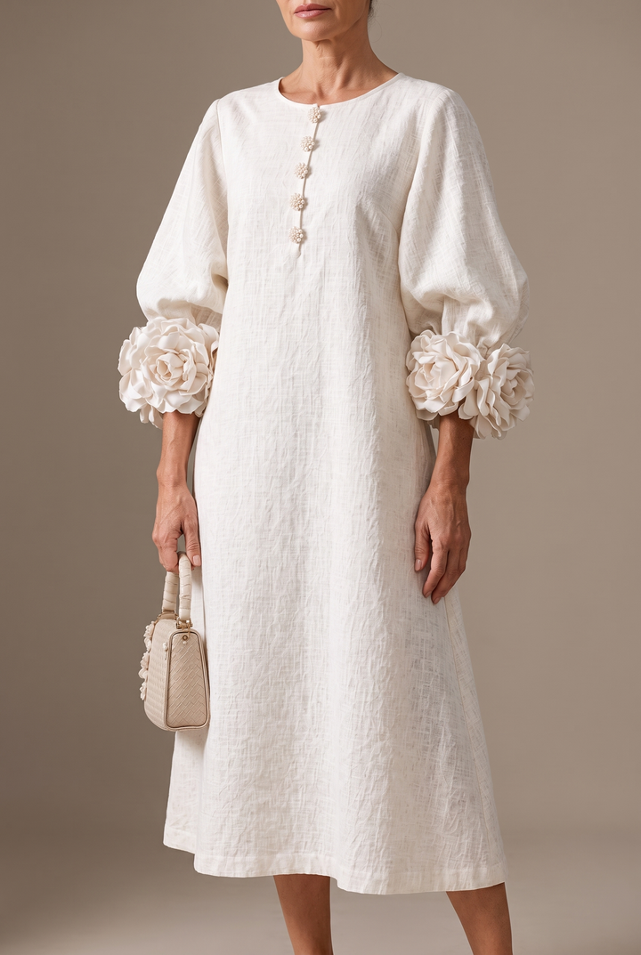 Élodie | Robe midi en lin à poignets fleuris